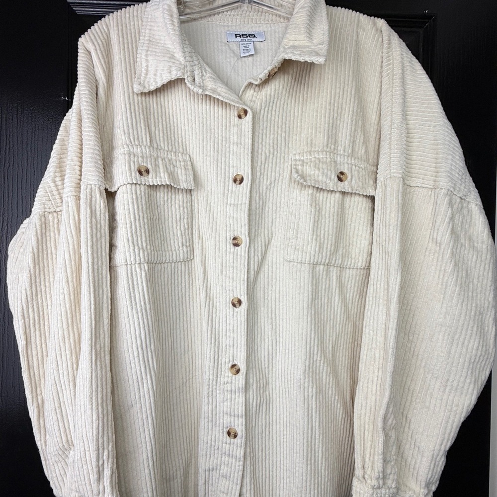 RSQ Mens XL Cream Corduroy Button Down Shirt Frayed Hem Oversized Shacket